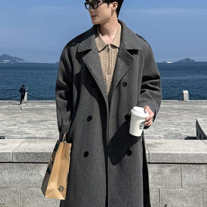 秋冬季灰色毛呢大衣男过膝中长款高级感保暖大码呢子外套风衣长款