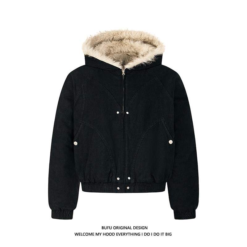 亿万少年BUFU短款毛领连帽夹克棉服外套男女款冬季座山雕加厚棉衣