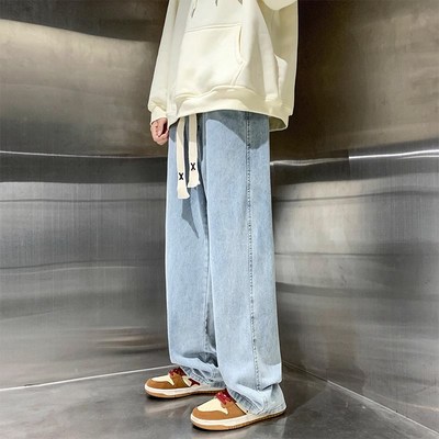 美式阔腿系绳牛仔裤男2023夏季薄款宽松休闲长裤男生直筒裤子男款