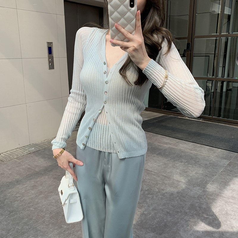 蓝色针织开衫吊带两件套女2024新款春秋长袖薄款修身外搭上衣套装