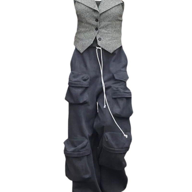 大码胖妹妹挂脖背心马甲上衣女夏季宽松工装阔腿裤时尚两件套装潮,女装/女士精品,时尚套装,淘宝优惠券,粉丝福利购,淘宝优惠卷