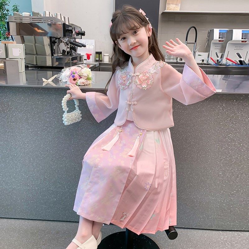 女童马面裙2024新款春装儿童汉服新中式国风套装春秋款女孩连衣裙