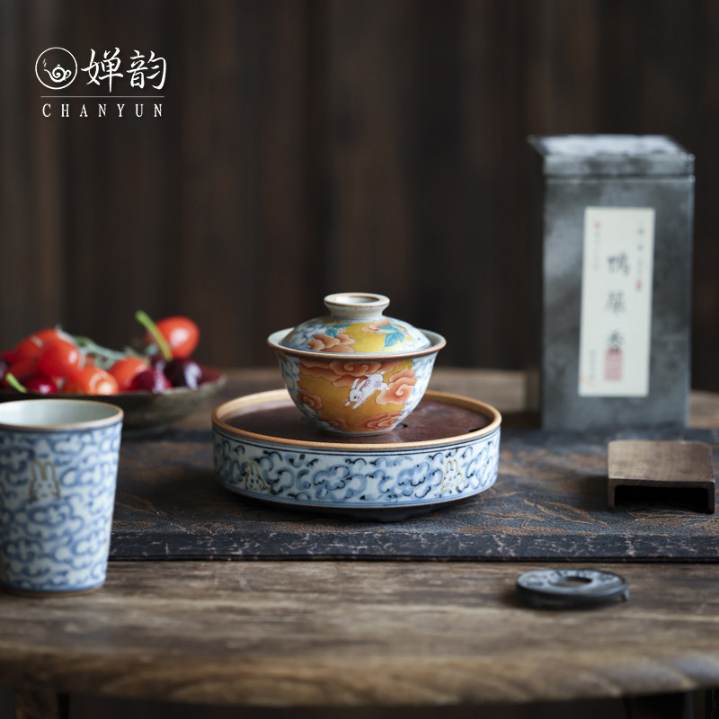 朴云堂青花斗彩祥云玉兔宝宝盖碗
