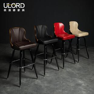 欧式吧台椅实木靠背铁艺酒吧高脚椅吧凳旋转咖啡厅椅家用覆古轻奢