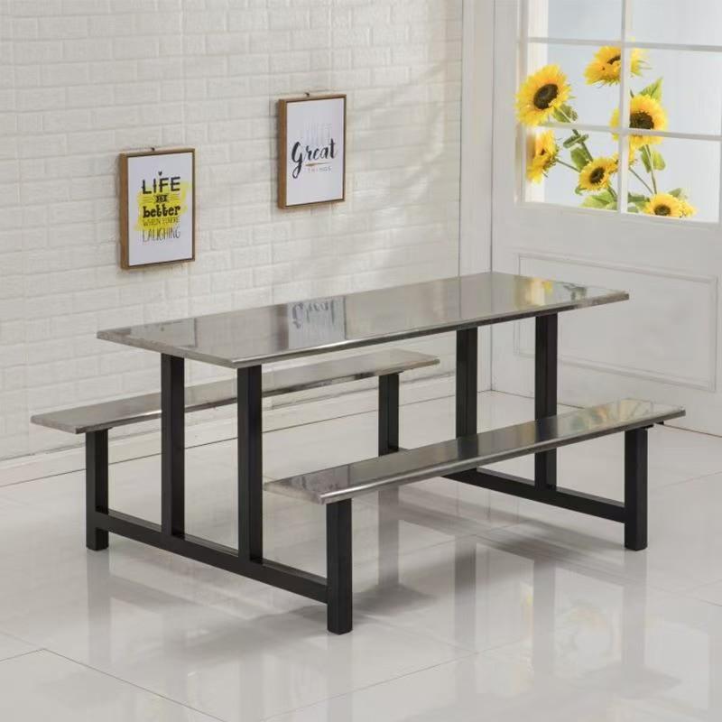 连体餐桌工厂员工餐厅不锈钢餐桌椅4人6人8人长方形商用食堂桌子