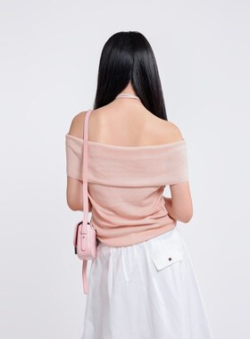 记忆的起点翻领一字领针织T恤女2025春季新款设计感上衣68GQ56677