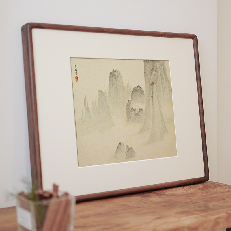 黄山水墨挂画实木框新中式床头横版原木风民宿卧室客厅日式装饰画图片