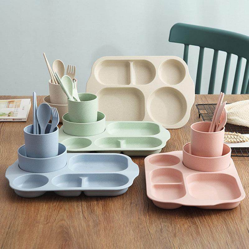 儿童分格餐盘小麦秸秆碗杯套装家用幼儿园吃饭盘宝宝塑料防摔餐具,婴童用品,儿童餐具,淘宝优惠券,粉丝福利购,淘宝优惠卷