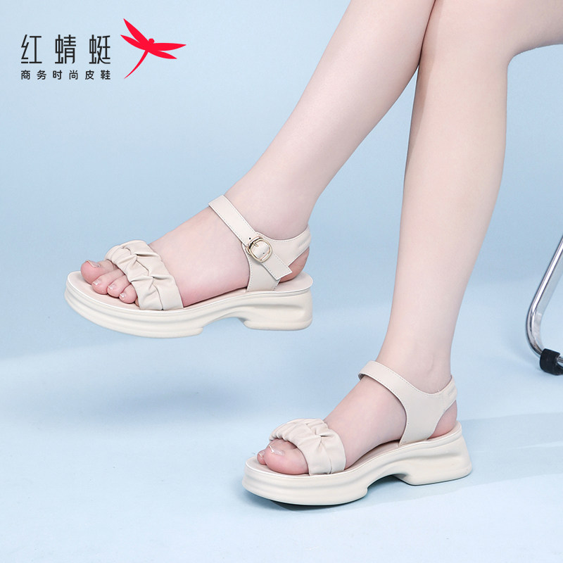 红蜻蜓时尚休闲厚底凉鞋女夏外穿仙女风真皮粗跟平底舒适沙滩凉鞋