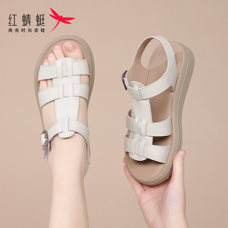 红蜻蜓真皮平底软底罗马凉鞋女鞋