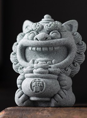 国潮风狮爷茶宠摆件创意招财上上签聚宝盆可爱石狮子桌面装饰礼物