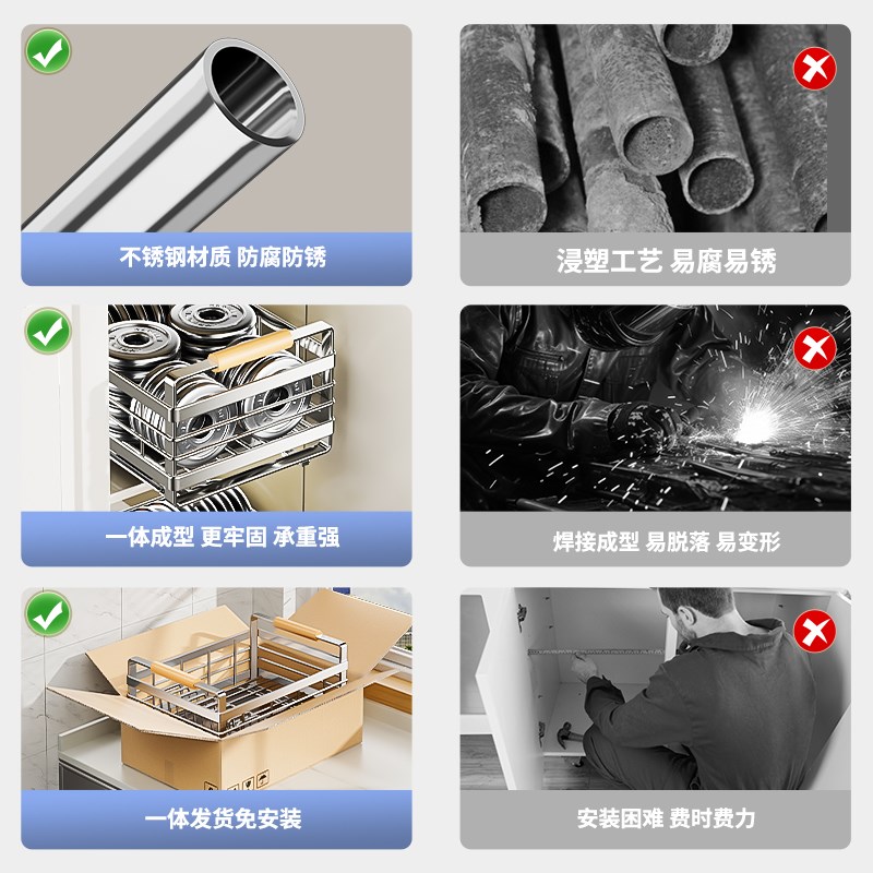 不锈钢碗碟收纳架厨房橱柜内置物架抽屉式拉篮抽拉碗柜盘沥水碗架