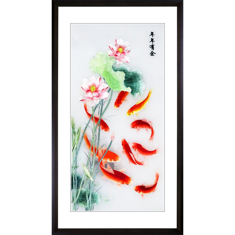 苏绣成品挂画年年有鱼客厅玄关中式现代纯手工刺绣装饰画荷花鲤鱼图片