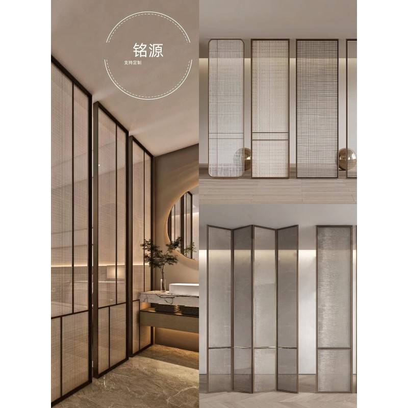艺术夹丝玻璃不锈钢屏风新中式隔断热熔弧形玻璃酒店餐厅卡座