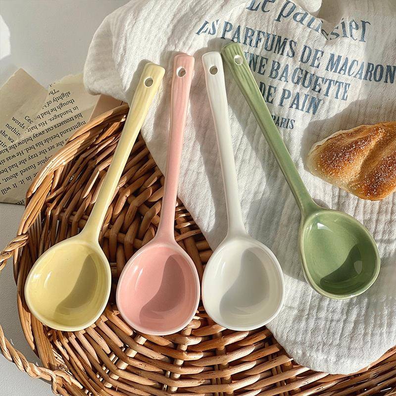 ins风手捏不规则日式陶瓷勺子高颜值家用喝汤长柄饭匙螺蛳粉汤勺