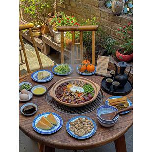 庭院围炉煮茶桌覆古风竹椅子炭火炉火锅烧烤老榆木围炉煮茶小圆桌