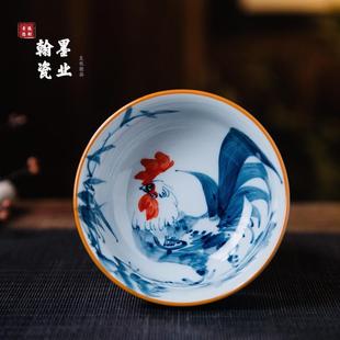 景德镇陶瓷仿古泥金鸡报喜手工手绘普洱杯个人专用主人杯功夫茶杯