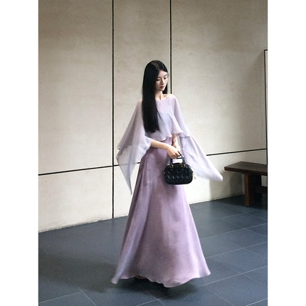 再見小唯 高级感天丝紫色连衣裙女夏季气质吊带裙披肩长款礼服裙