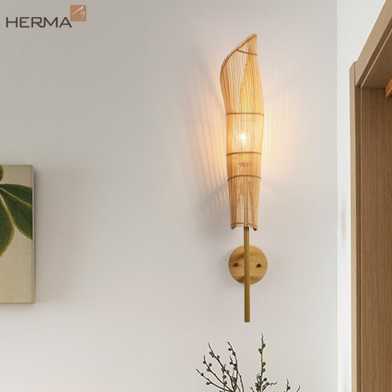 设计师创意竹编藤艺壁灯新中式民宿会所餐厅床头日式原木色禅意灯