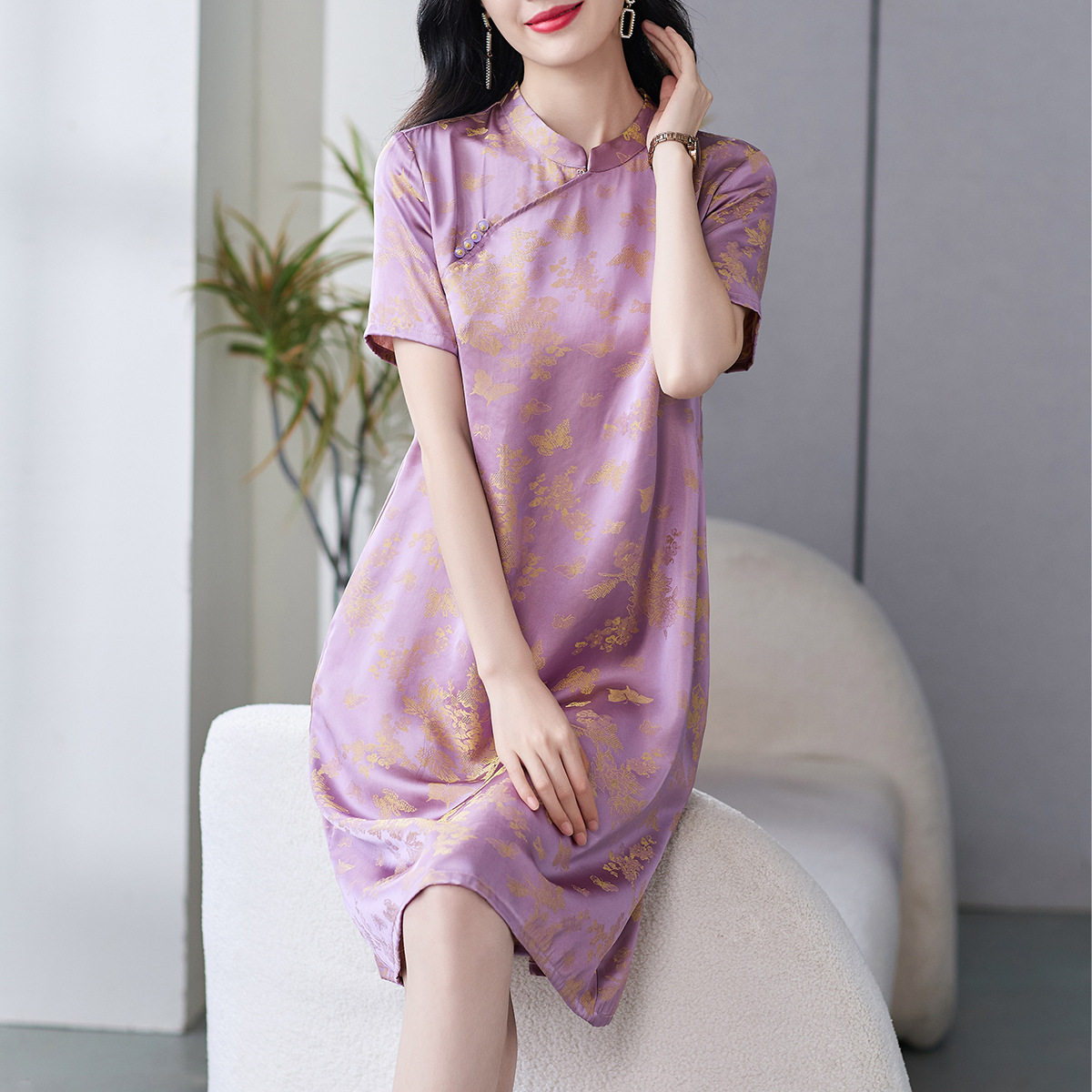 69575 小个子紫色中国风人丝花罗旗改良袍大码女装裙子女夏