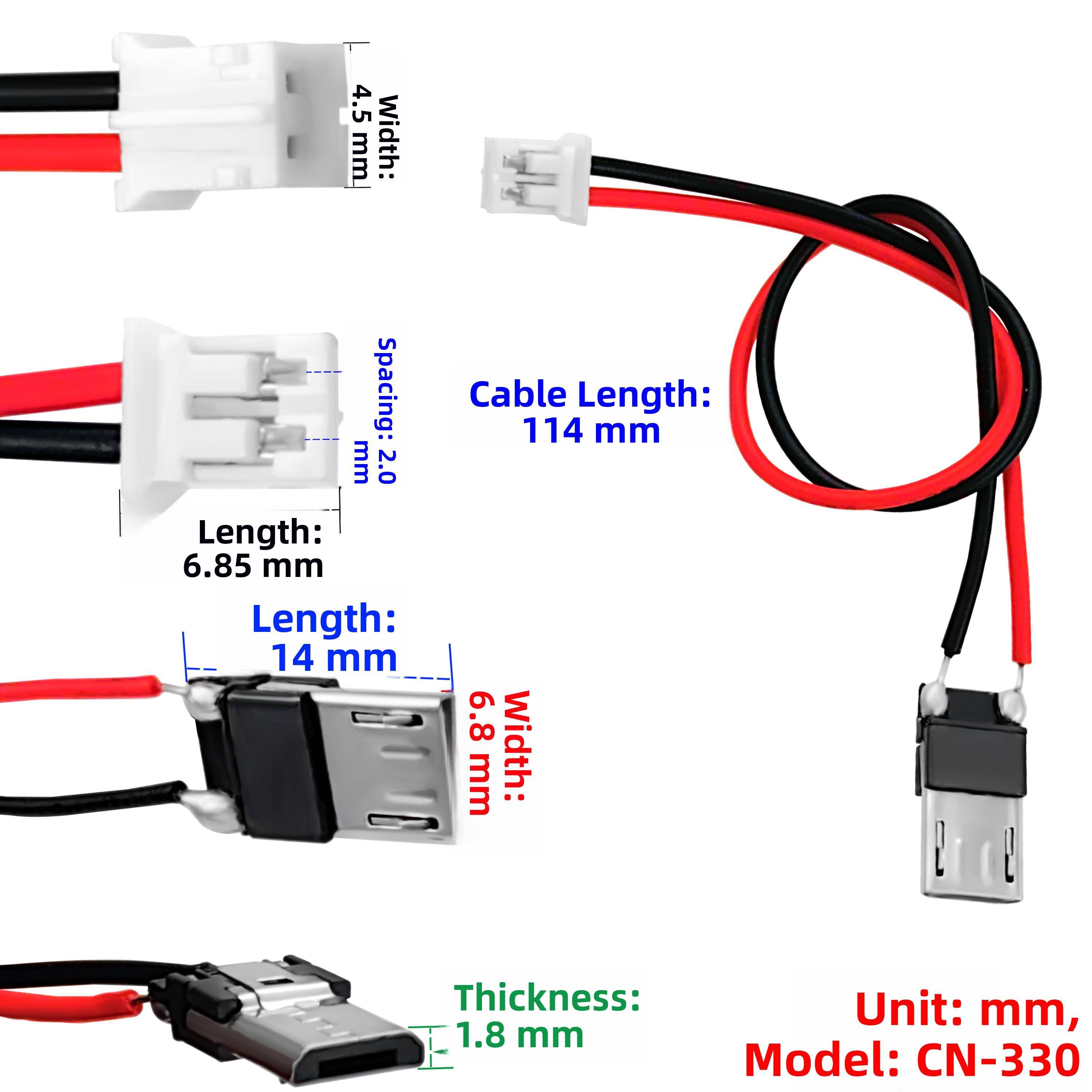USB转接线PH2.0MM-2P公头转迈克V8扁口/TYPEC正反插/2.0A公头母头
