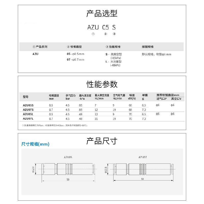ZV06/08气动负压管式真空产生器VML1006 AZU07S-04 ZU05SA01 07L