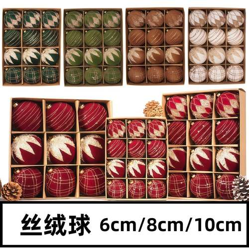 6cm一盒12个新圣诞球高级质感植绒彩绘圣诞球精致圣诞树挂件酒红