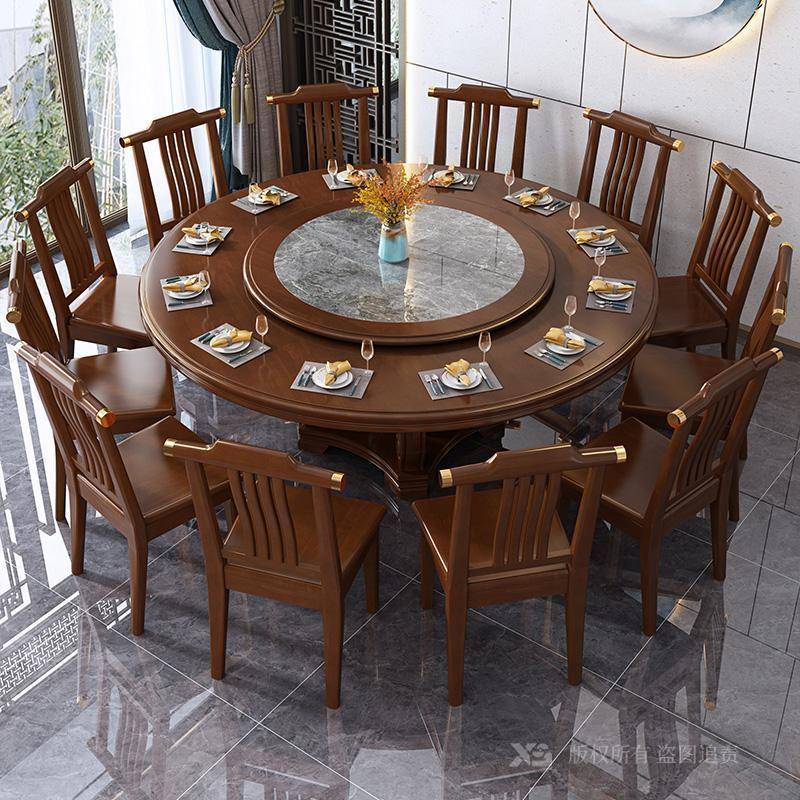 新中式实木餐桌家用8人饭桌圆餐桌带转盘酒店饭店1.8m圆形大圆桌