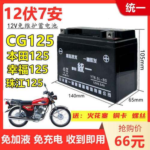 CG125珠江幸福125男士摩托车统一免维护蓄电池12V6.5A干电瓶