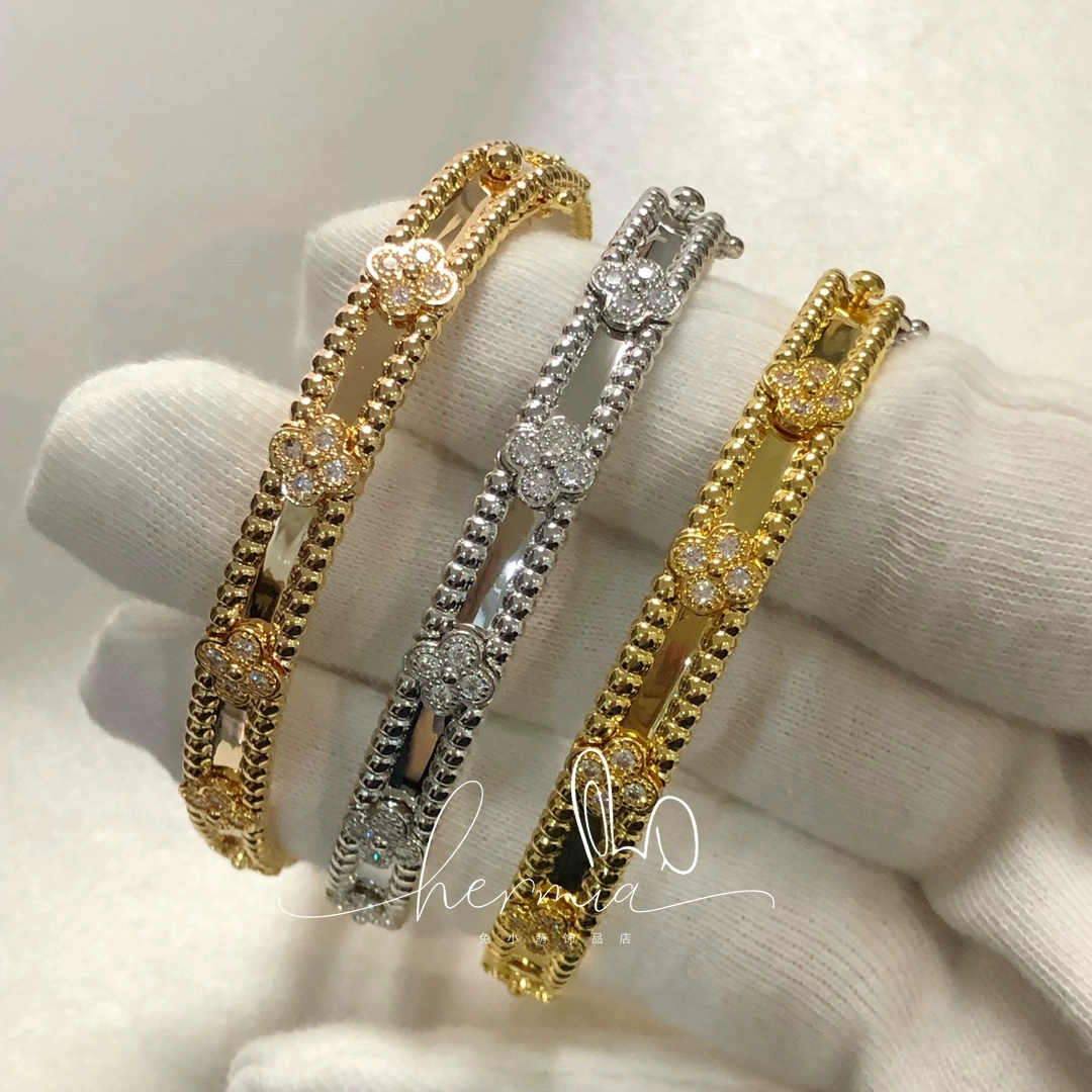 万花筒手镯女款镀18k黄玫瑰金四叶草满钻石宽窄版手环轻奢高级感