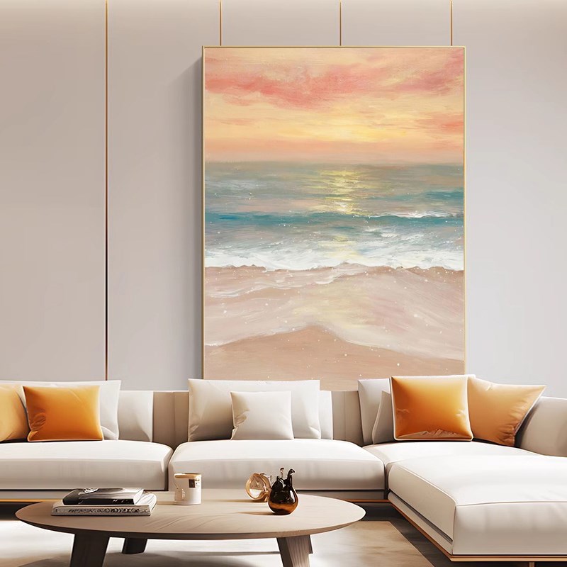 现代简约暖色系风景装饰画纯手绘油画玄关客厅日出丙烯肌理画挂画图片