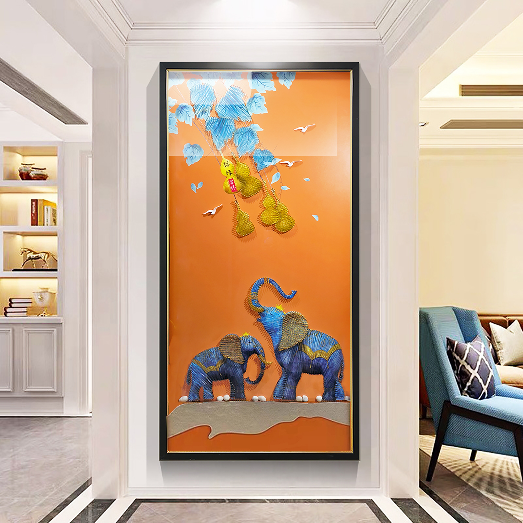 入户玄关装饰画实物立体画九鱼向日葵壁画现代轻奢简约风过道挂画图片