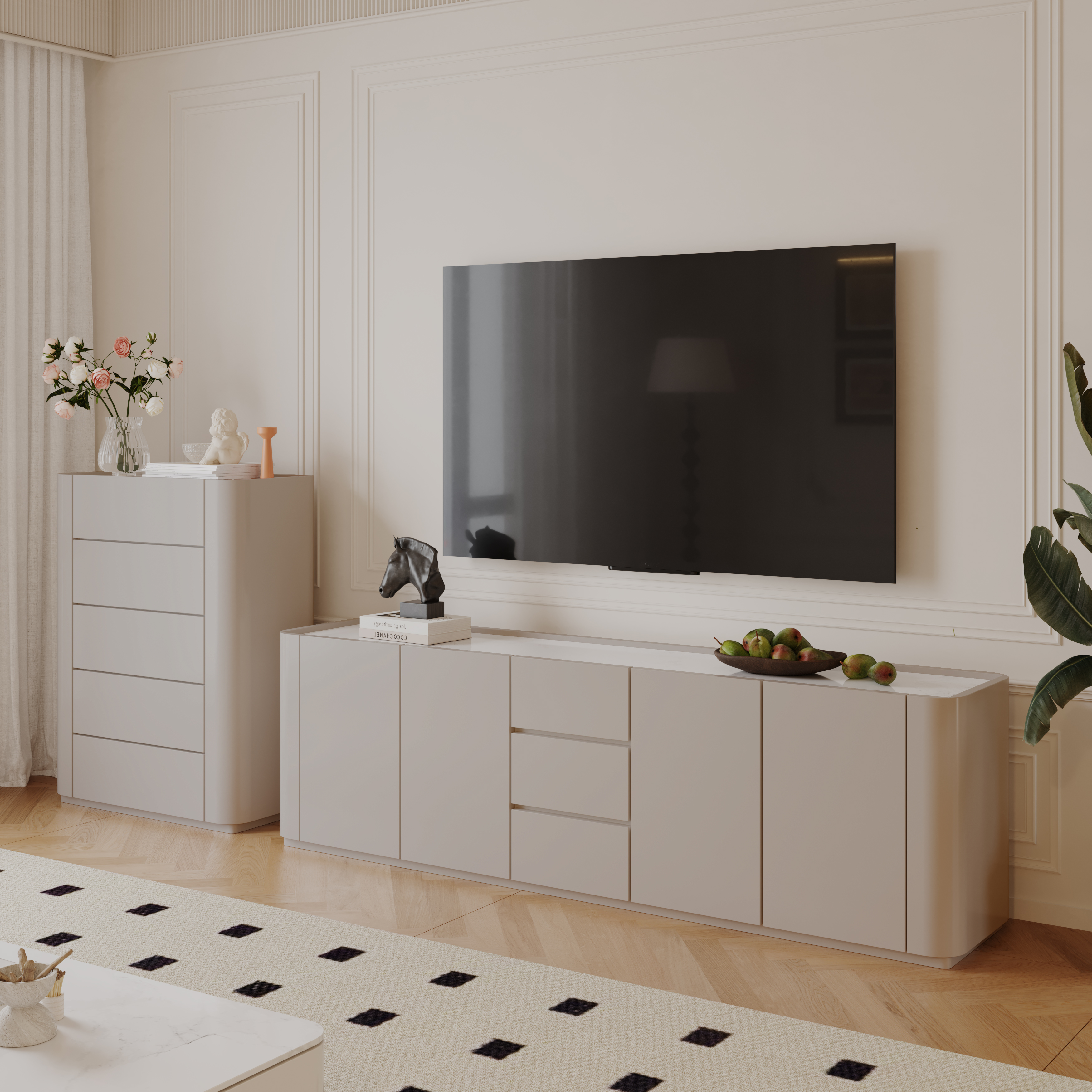 实木电视柜茶几组合圆角柜现代简约小户型客厅奶油风岩板落地高柜