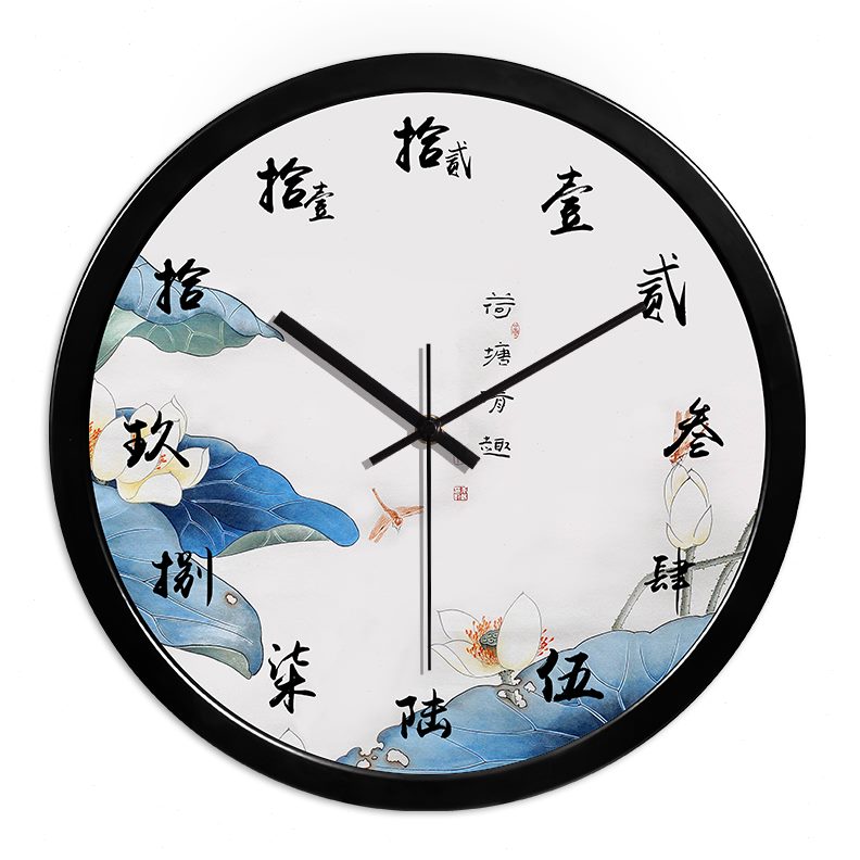 中国风钟表风景水墨画鲤鱼壁挂表古典复古装饰表静音客厅卧室挂钟图片