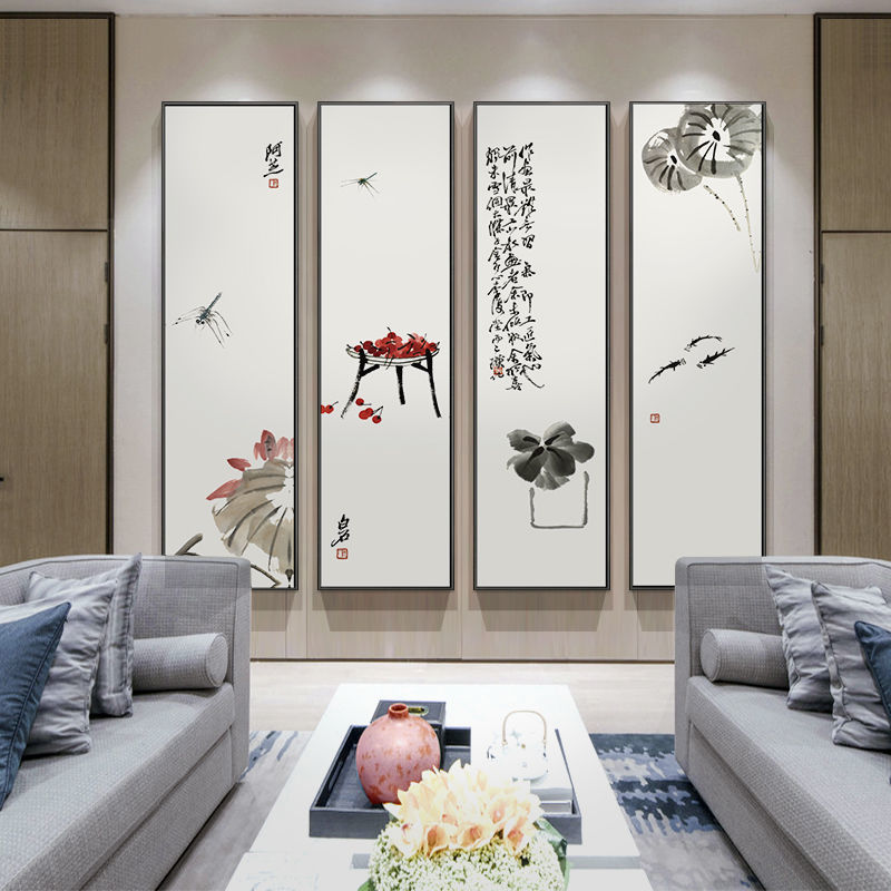 梅兰竹菊客厅挂画新中式茶室沙发背景墙装饰画茶馆壁画禅意四联画