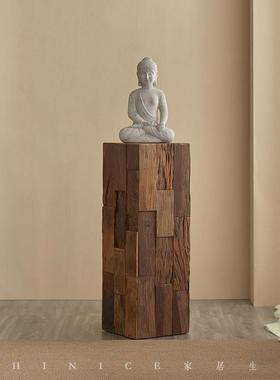 Hinice侘寂风复古底座实木墩子方形树桩民宿装饰木桩木头边几摆件