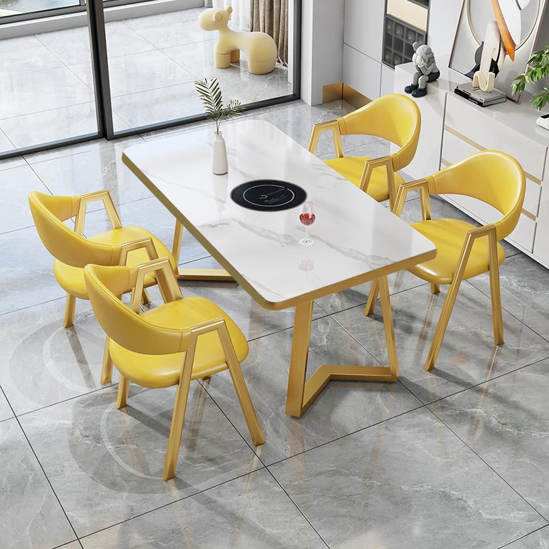 高端轻奢石板餐桌火锅桌电磁炉集成商业串矩形餐厅餐桌和椅子组合