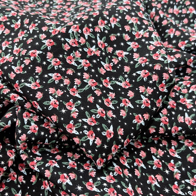 小碎花雪纺布料夏季黑色底垂感长裙连衣裙礼服衬衫服装设计面料