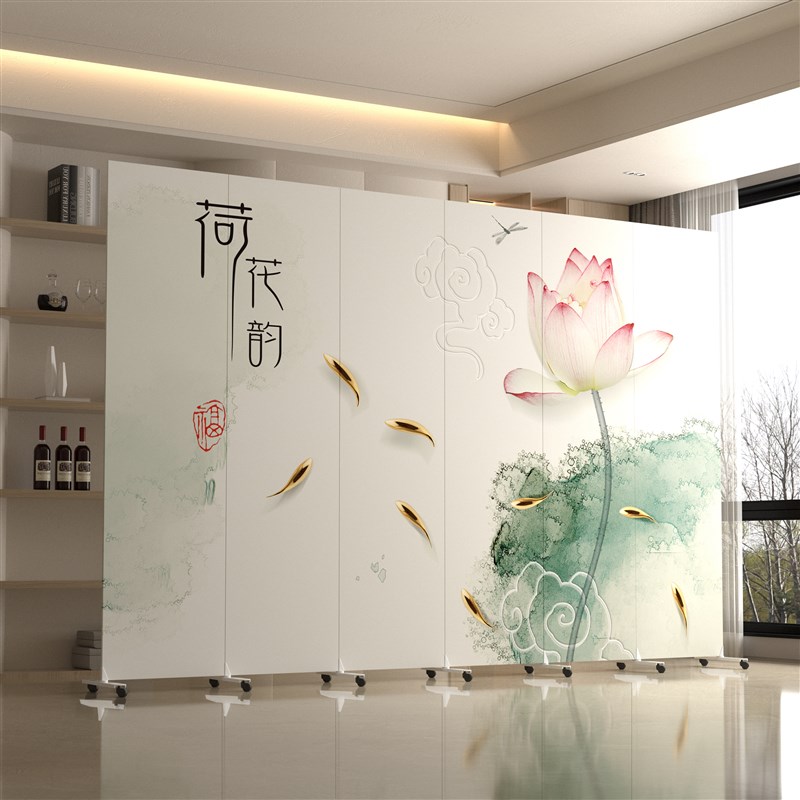 中式屏风隔断客厅折叠移动u办公室家用玄关简约荷花折屏卧室正对