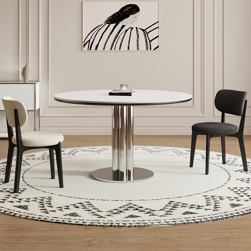 德利丰岩板餐桌圆形家用小户型法式奶油中古风高端全托圆桌饭桌子