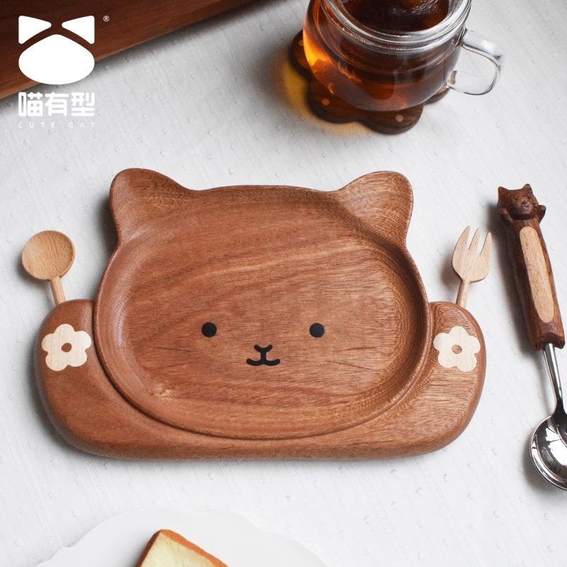 喵有型可爱猫咪勺叉早餐好看的木质盘子少女心高颜值沙拉生日露营