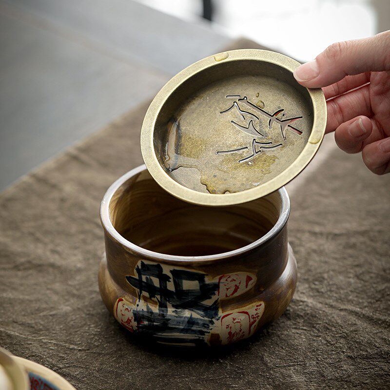 中式手绘带盖建水壶承垫茶承陶瓷D家用干泡茶台茶渣缸茶具零配件