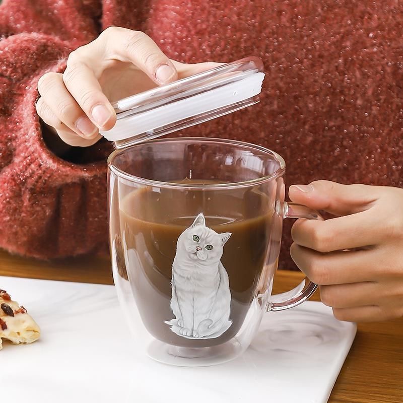 英短银渐层猫咪水杯动物图案双层玻璃杯女可爱办公室咖啡杯子网红