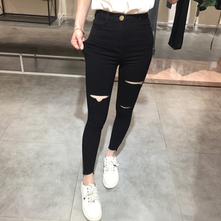 弹力紧身黑色铅笔裤 2021春夏薄款 外穿九分小脚裤 女打底裤 破m洞裤
