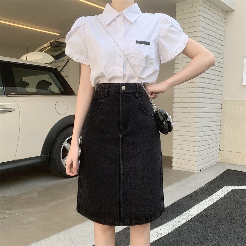 大码牛仔裙女e早秋新款后开叉中长款黑色a字裙胖mm通勤百搭直筒裙