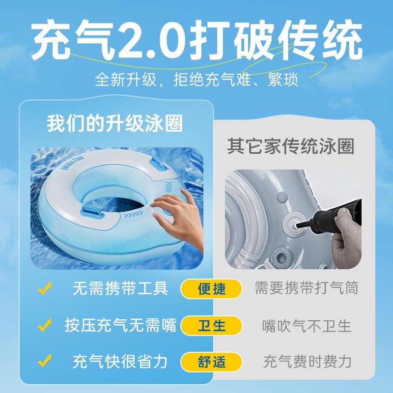 游泳圈儿童免打气双层成人6加厚大人带把手按压充腋下小孩防侧翻