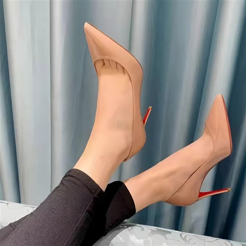 裸色高跟鞋女细跟2024新款秋冬黑色红底尖头浅口不累脚单Y鞋12cm