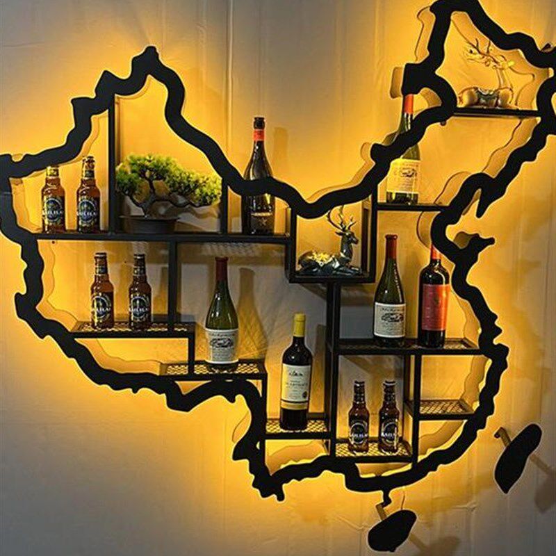 网红酒吧红酒柜墙上壁挂书架铁艺发光中国地图展示酒架置物书架柜