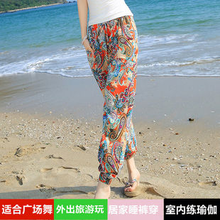 睡裤女大码棉绸人造棉薄款夏季灯笼裤可外穿防蚊裤度假沙滩长裤女