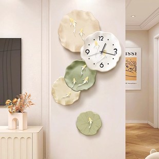 九鱼图客厅表挂钟餐厅艺术时钟奶油风电视机背景墙装饰画钟表挂墙